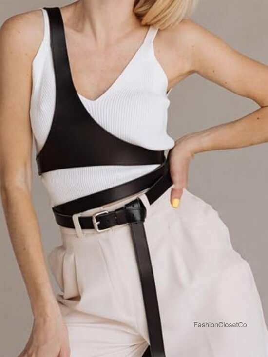 Faux Leather Crossbody Waist Belt with Alloy Buckle, Adjustable Layered main image 4